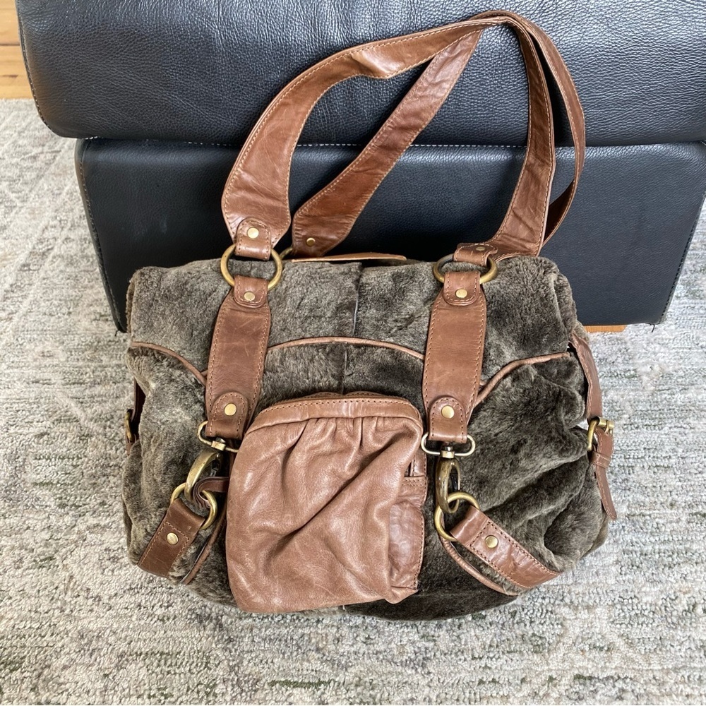 Clever Carriage Company Brown Shearling and Leather Slouchy Satchel Bag Purse